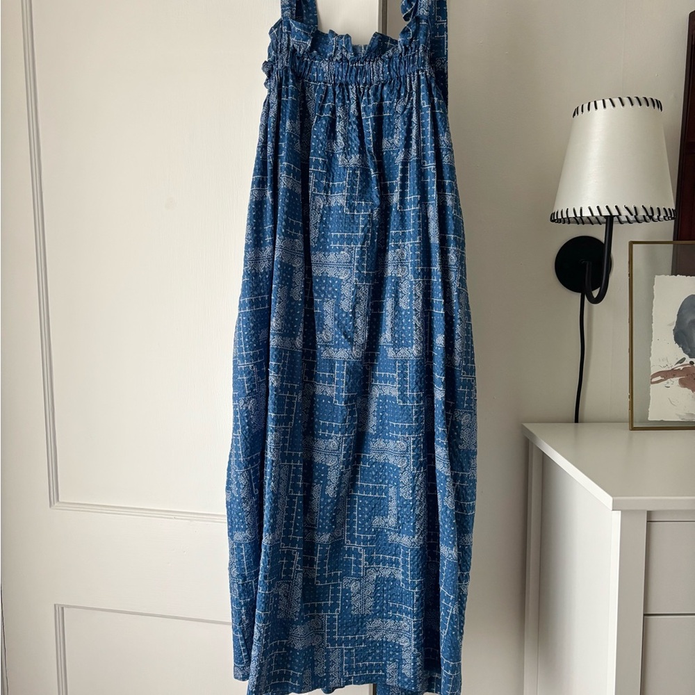 A Bronze Age Clementine Dress in blue bandana